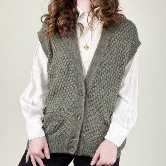 Vintage Wool Honeycomb Knit Oversized Slouchy Fit Sweater Vest Cardigan Handmade - Picture 6 of 6